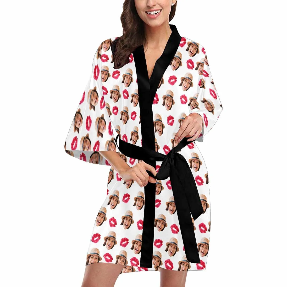 Custom Face Red Lips Women's Short Pajamas Personalized Photo Pajamas Kimono Robe