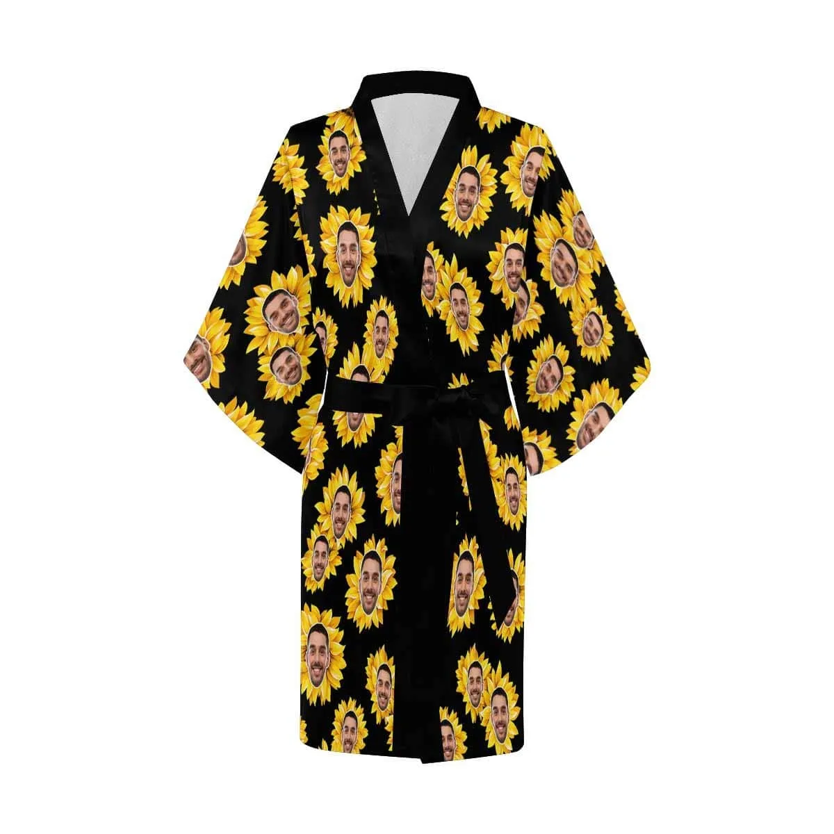 Custom Face Sunflower Yellow Women's Summer Short Pajamas Funny Personalized Photo Pajamas Kimono Robe