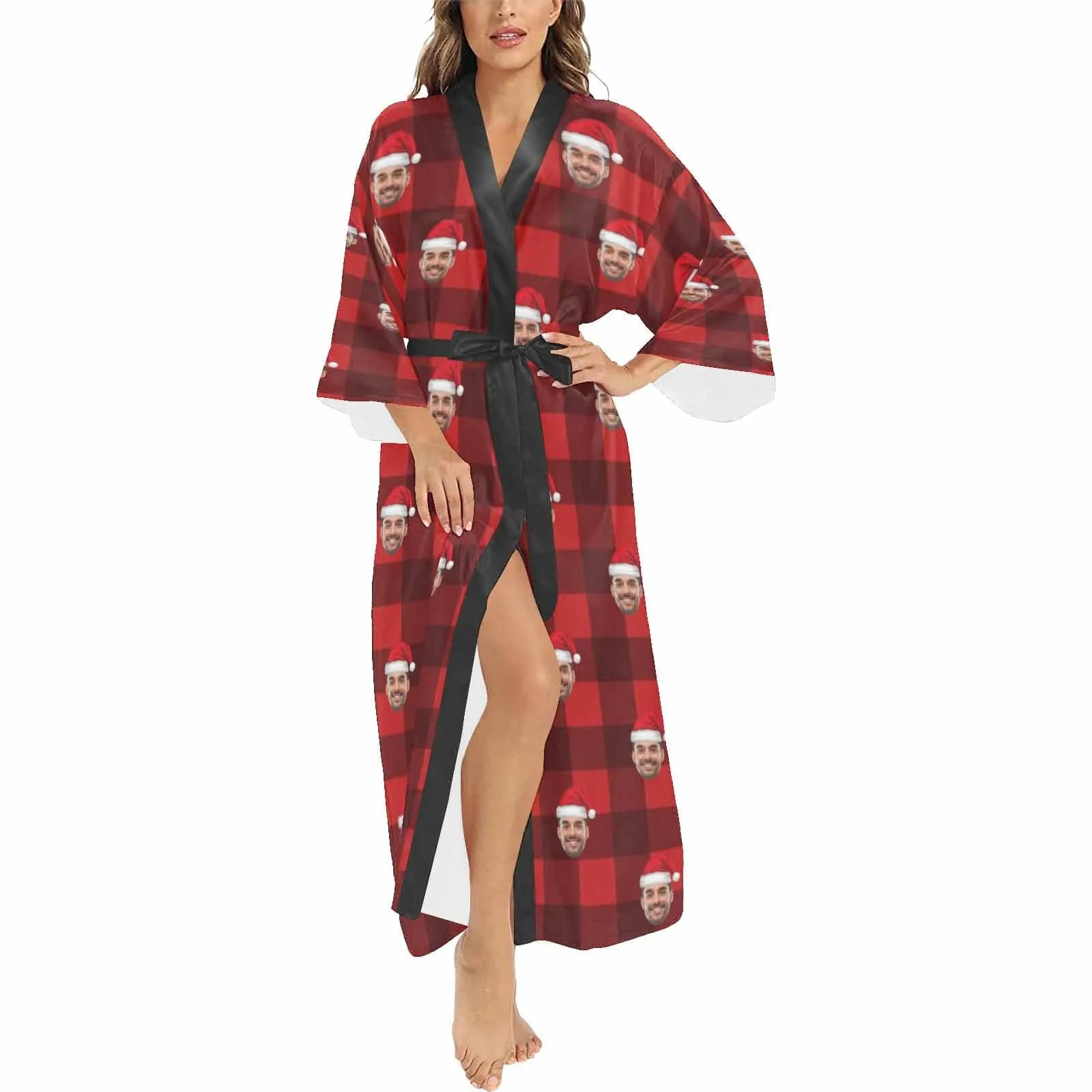 Custom Face Women's Long Pajamas Red Grid Personalized Photo Long Pajamas Kimono Robe for Christmas