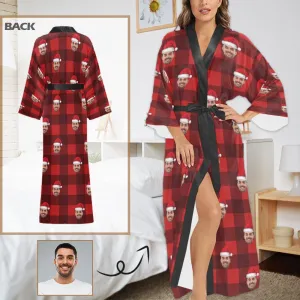 Custom Face Women's Long Pajamas Red Grid Personalized Photo Long Pajamas Kimono Robe for Christmas