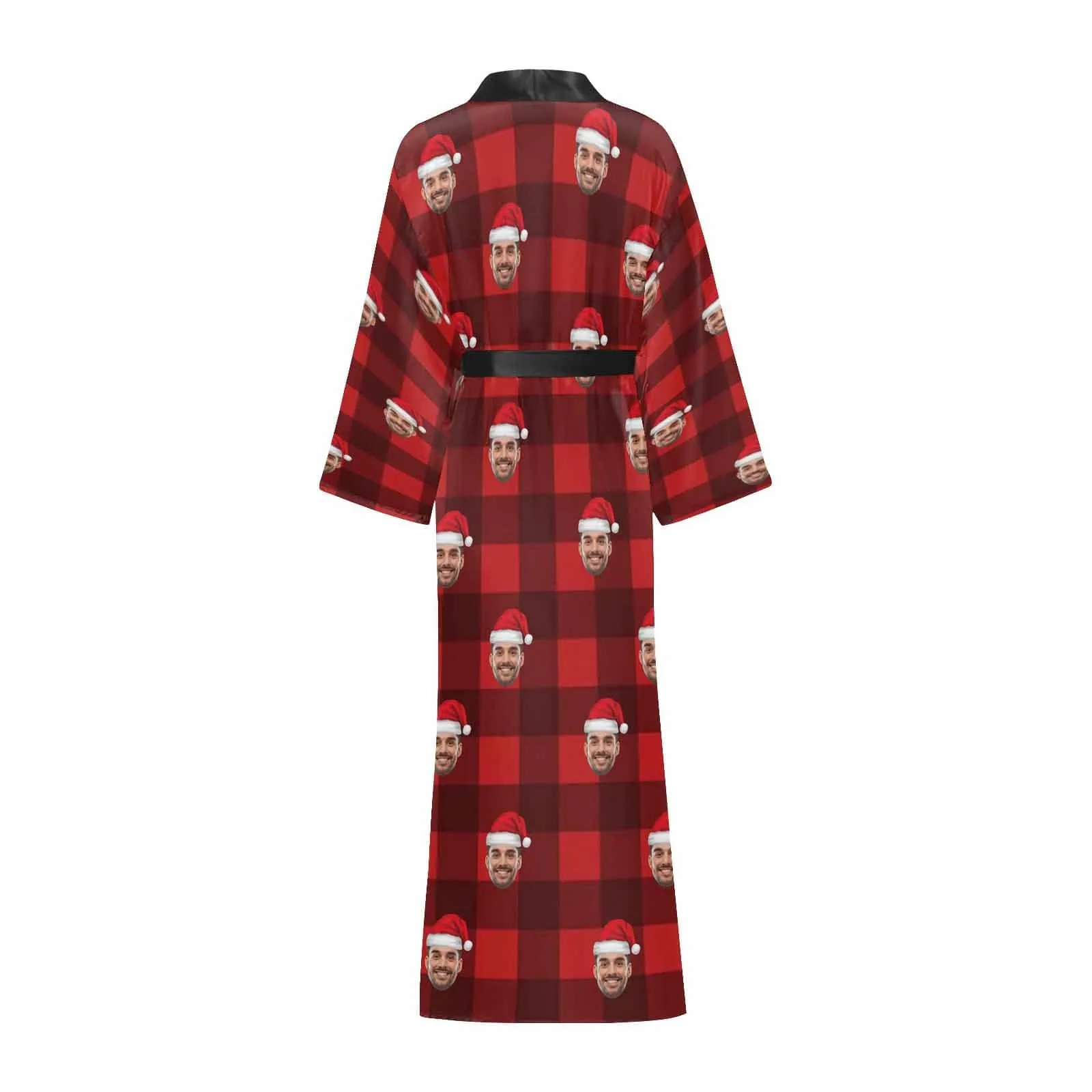 Custom Face Women's Long Pajamas Red Grid Personalized Photo Long Pajamas Kimono Robe for Christmas