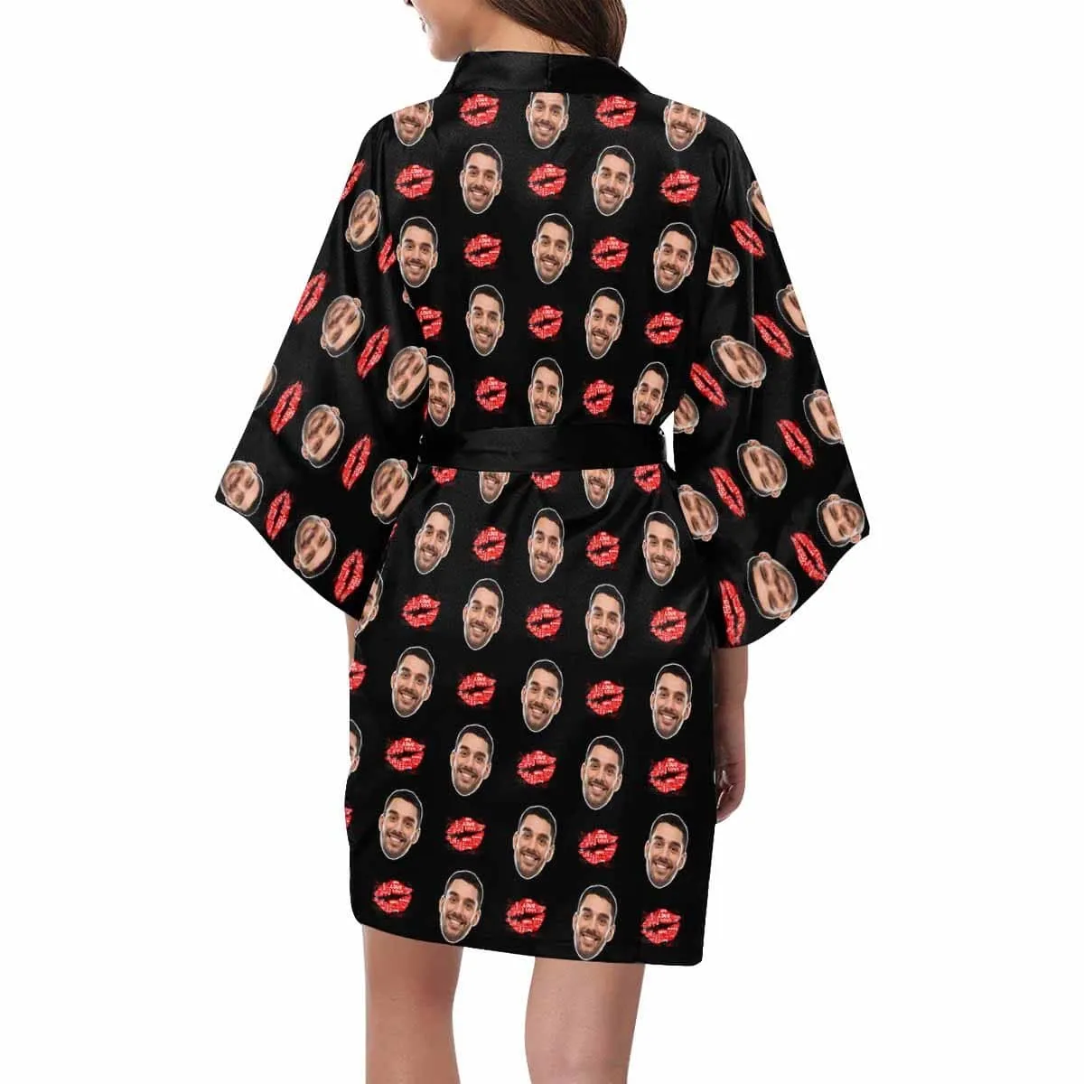 Custom Husband Face Lip Black Women's Summer Short Sleepwear Funny Personalized Photo Pajamas Kimono Robe