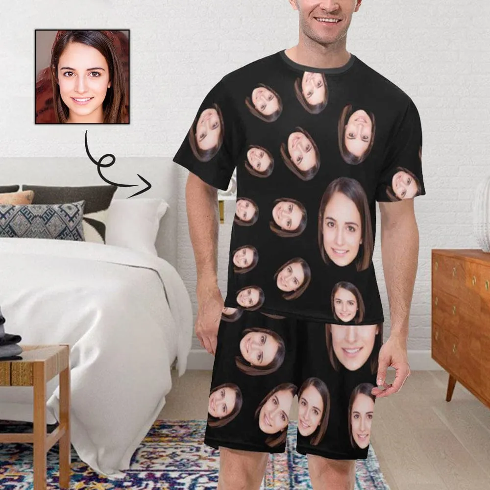 Custom Husband Face Nightwear With Black Background Personalized Women's Short Crew Neck Pajama Set