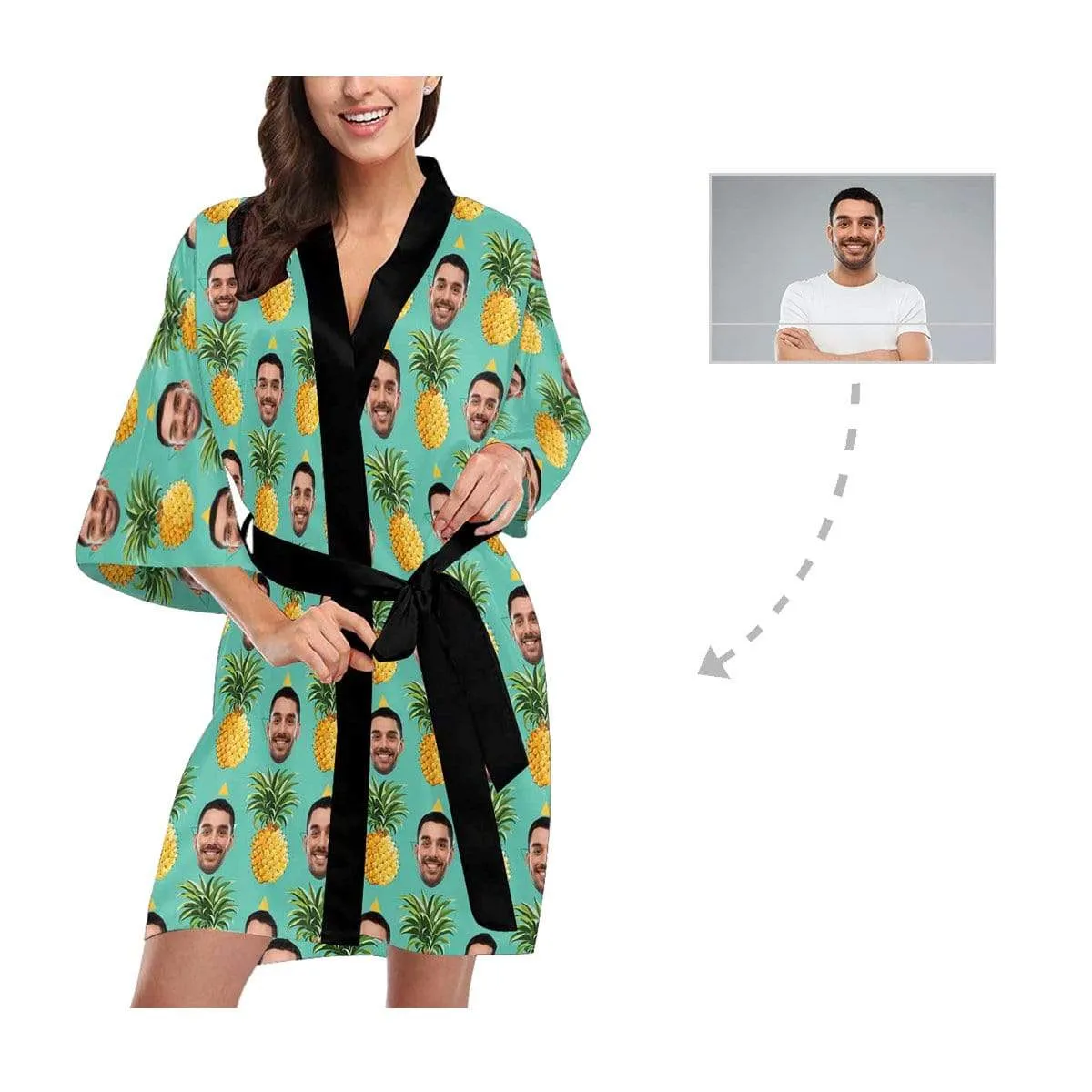 Custom Husband Face Pineapple Women's Summer Short Pajamas Personalized Photo Pajamas Kimono Robe