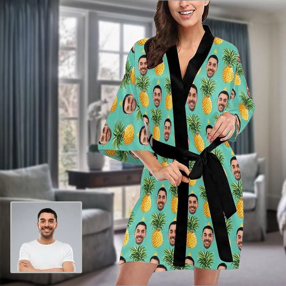 Custom Husband Face Pineapple Women's Summer Short Pajamas Personalized Photo Pajamas Kimono Robe