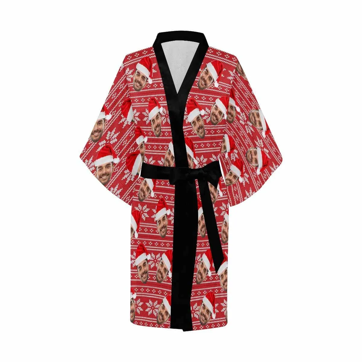 Custom Husband Face Red Christmas Hat Women's Short Pajamas Personalized Photo Pajamas Kimono Robe