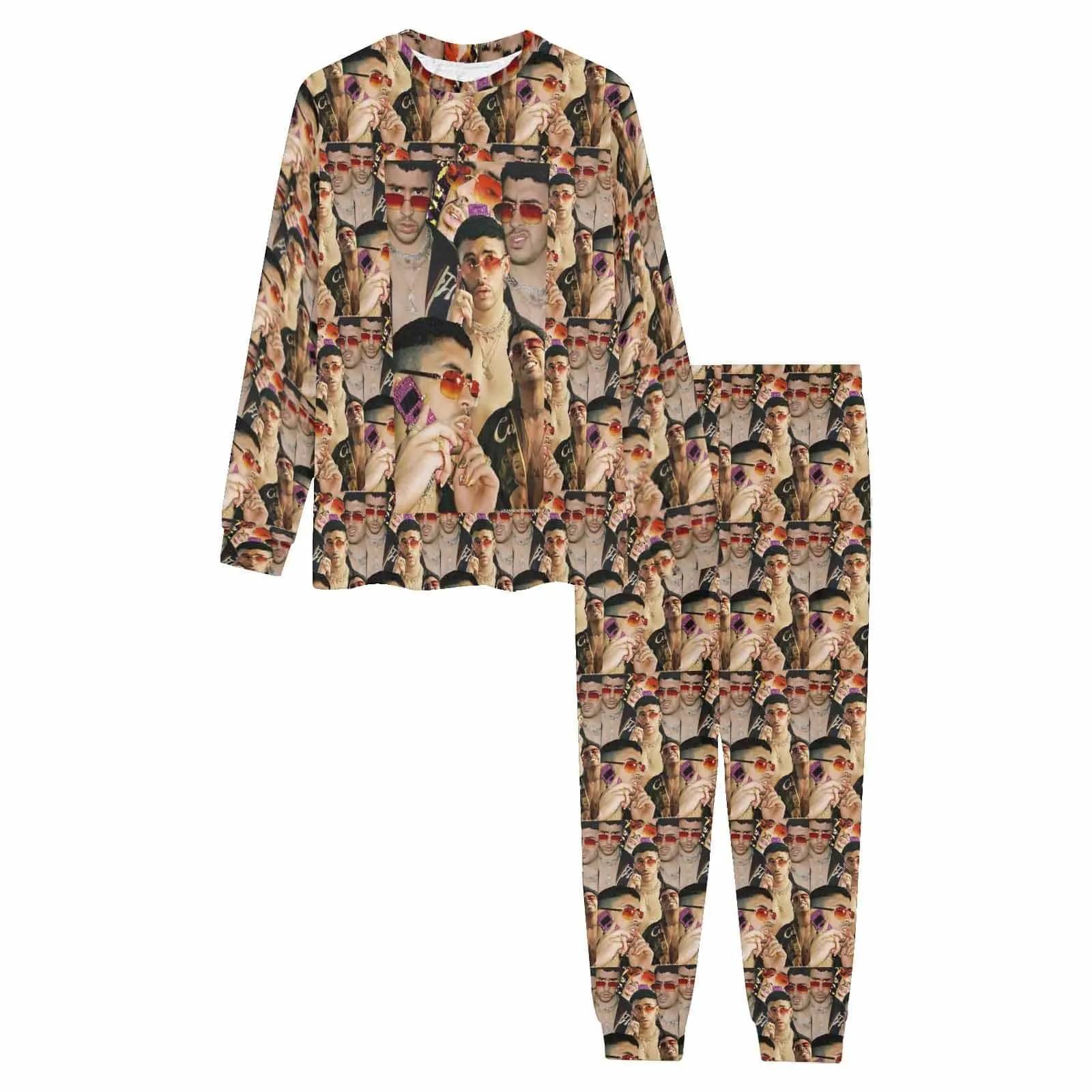 Custom Photo Bad Bunny Same Style Men's Pajamas Personalized Photo Crewneck Long Pajama Set