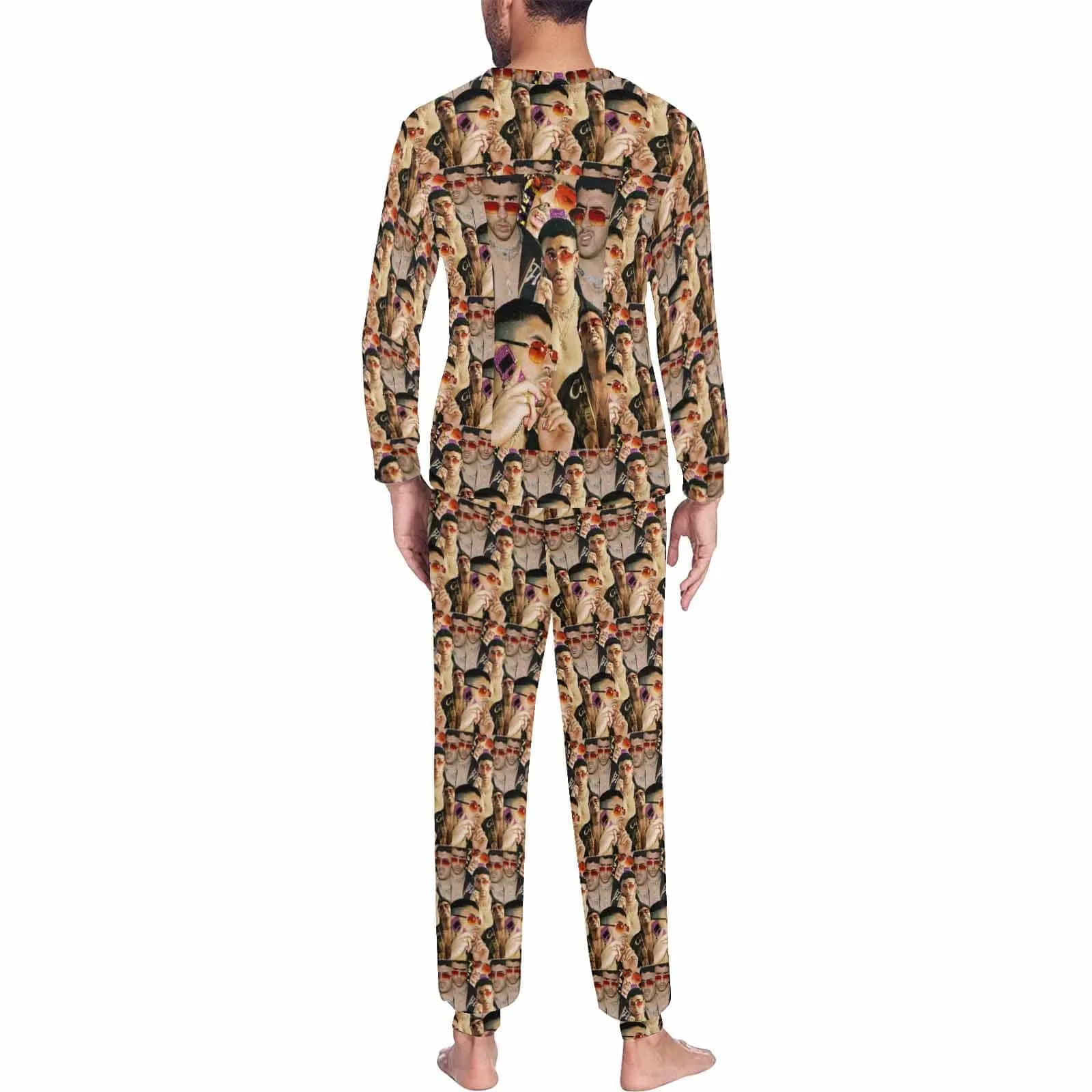 Custom Photo Bad Bunny Same Style Men's Pajamas Personalized Photo Crewneck Long Pajama Set