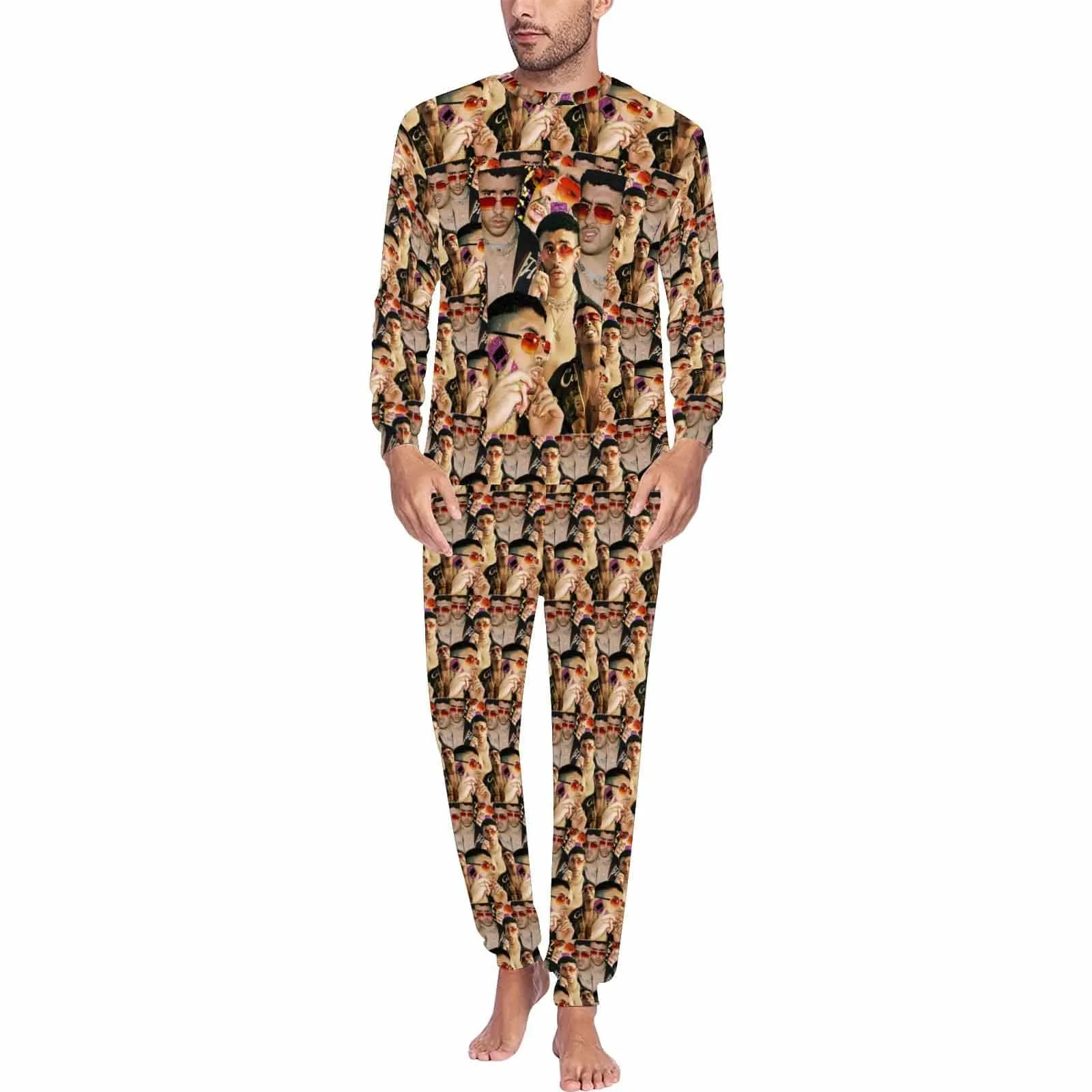 Custom Photo Bad Bunny Same Style Men's Pajamas Personalized Photo Crewneck Long Pajama Set