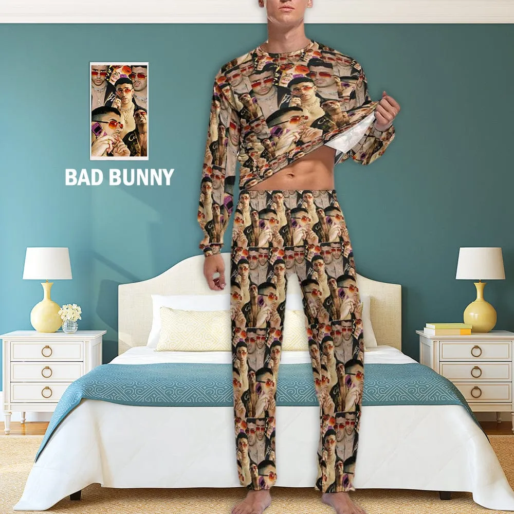 Custom Photo Bad Bunny Same Style Men's Pajamas Personalized Photo Crewneck Long Pajama Set