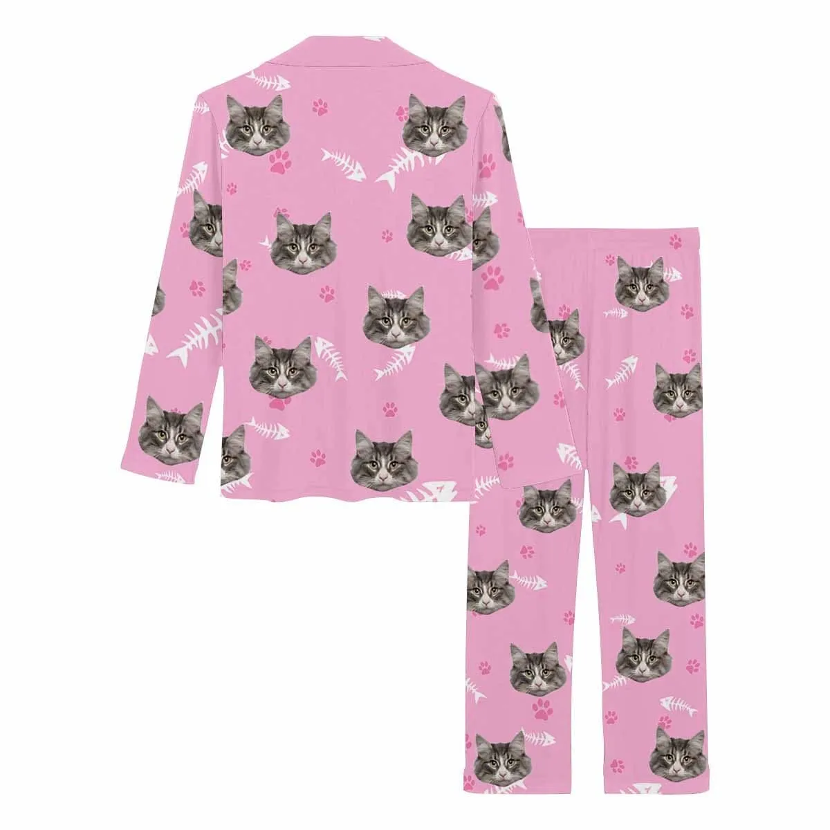 Custom Photo Cat Paw and Fish Bone Sleepwear Personalized Women's Slumber Party Long Pajama Set