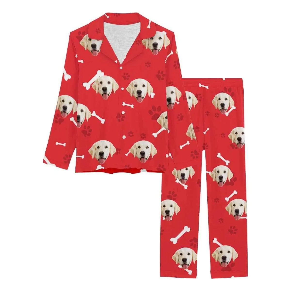 Custom Photo Cat Paw and Fish Bone Sleepwear Personalized Women's Slumber Party Long Pajama Set