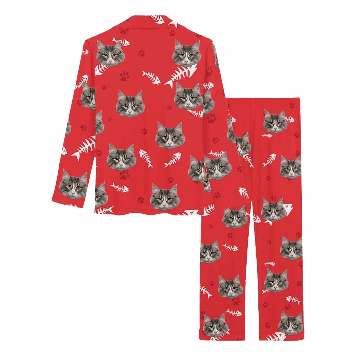 Custom Photo Cat Paw and Fish Bone Sleepwear Personalized Women's Slumber Party Long Pajama Set