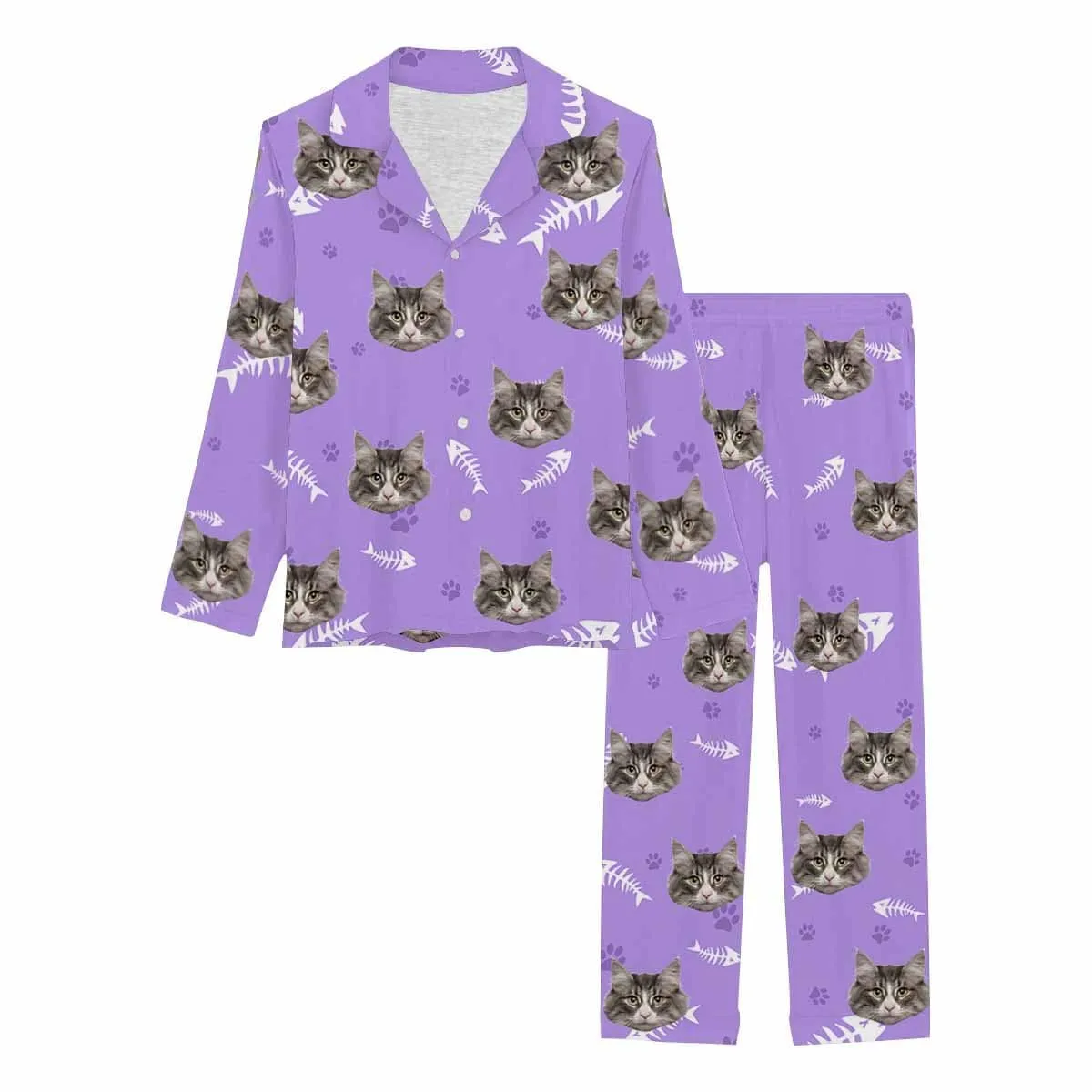 Custom Photo Cat Paw and Fish Bone Sleepwear Personalized Women's Slumber Party Long Pajama Set