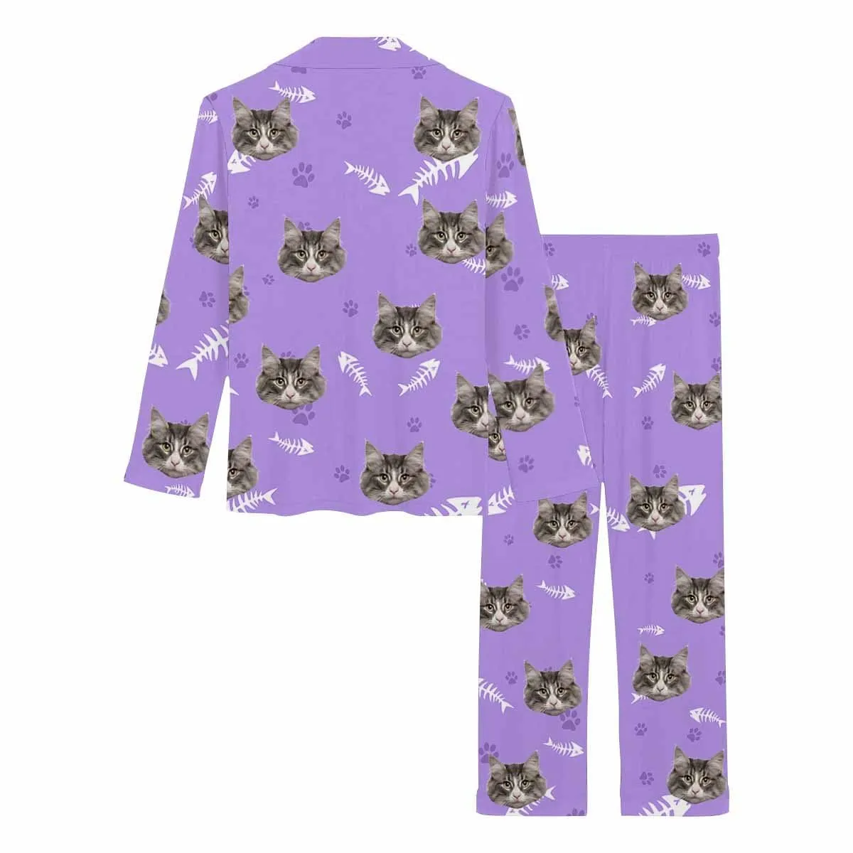 Custom Photo Cat Paw and Fish Bone Sleepwear Personalized Women's Slumber Party Long Pajama Set