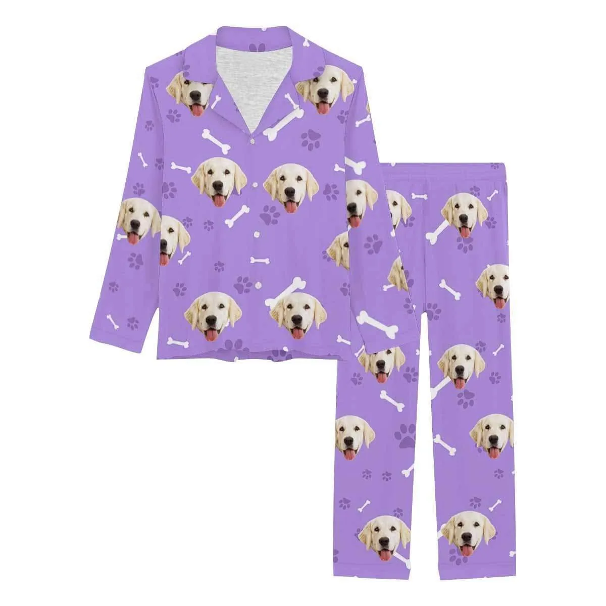 Custom Photo Cat Paw and Fish Bone Sleepwear Personalized Women's Slumber Party Long Pajama Set