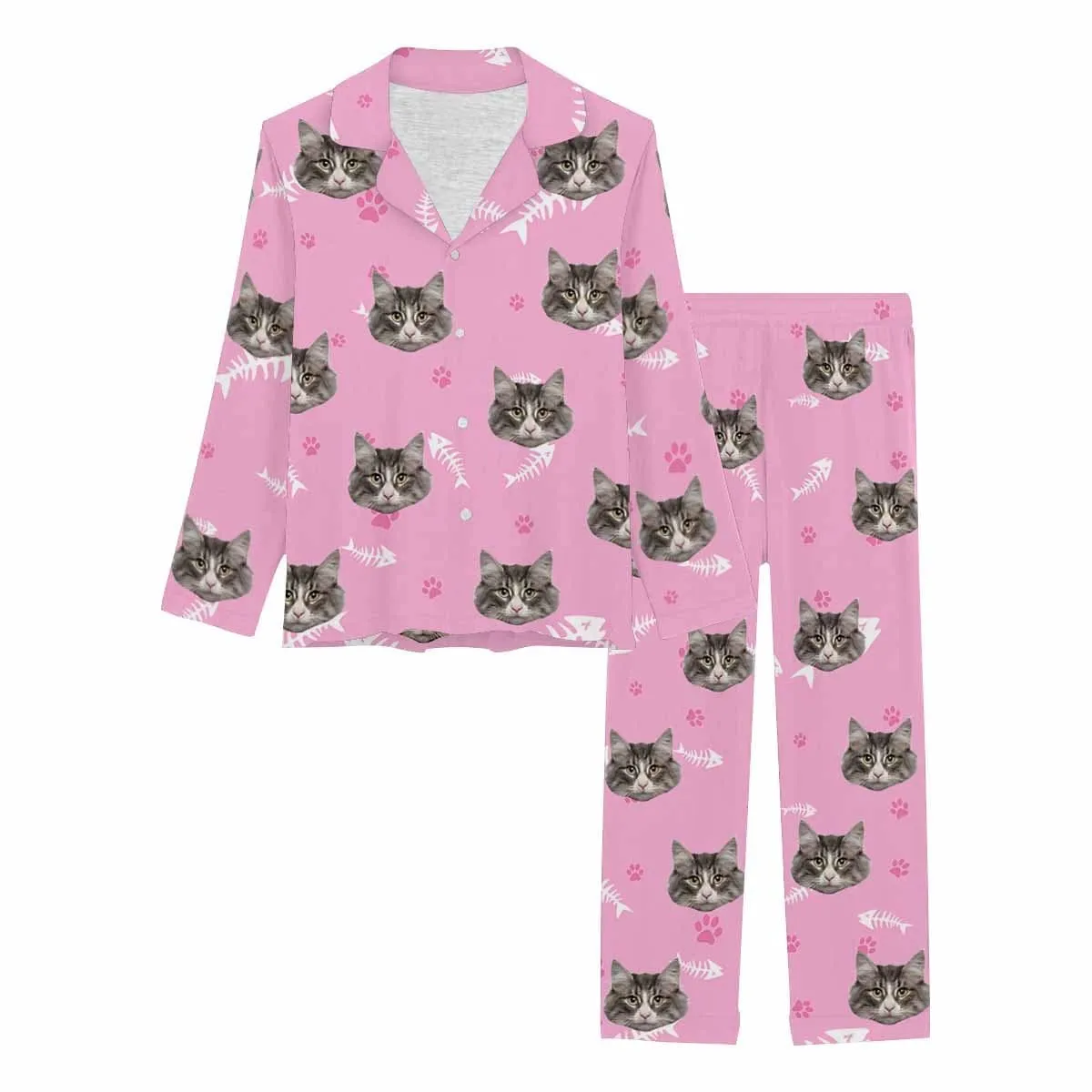 Custom Photo Cat Paw and Fish Bone Sleepwear Personalized Women's Slumber Party Long Pajama Set