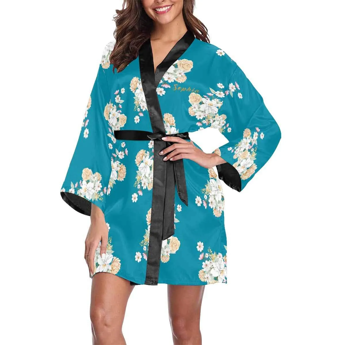 Custom Text Small Flowers Beauty Women's Summer Short Sleepwear Personalized Pajamas Kimono Robe