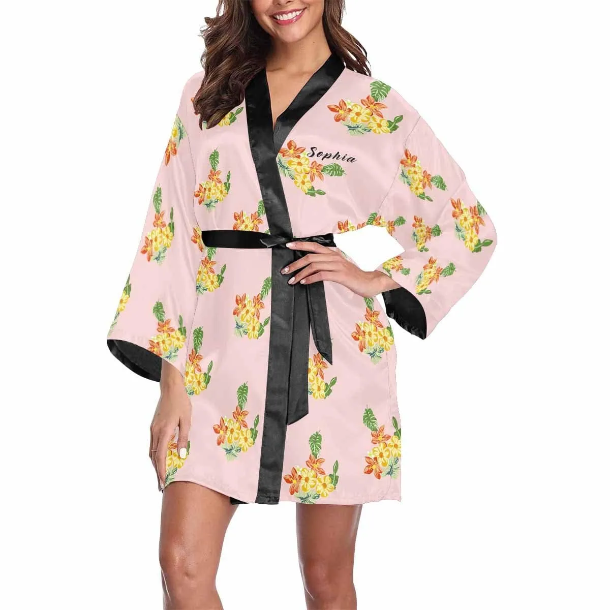 Custom Text Small Flowers Beauty Women's Summer Short Sleepwear Personalized Pajamas Kimono Robe