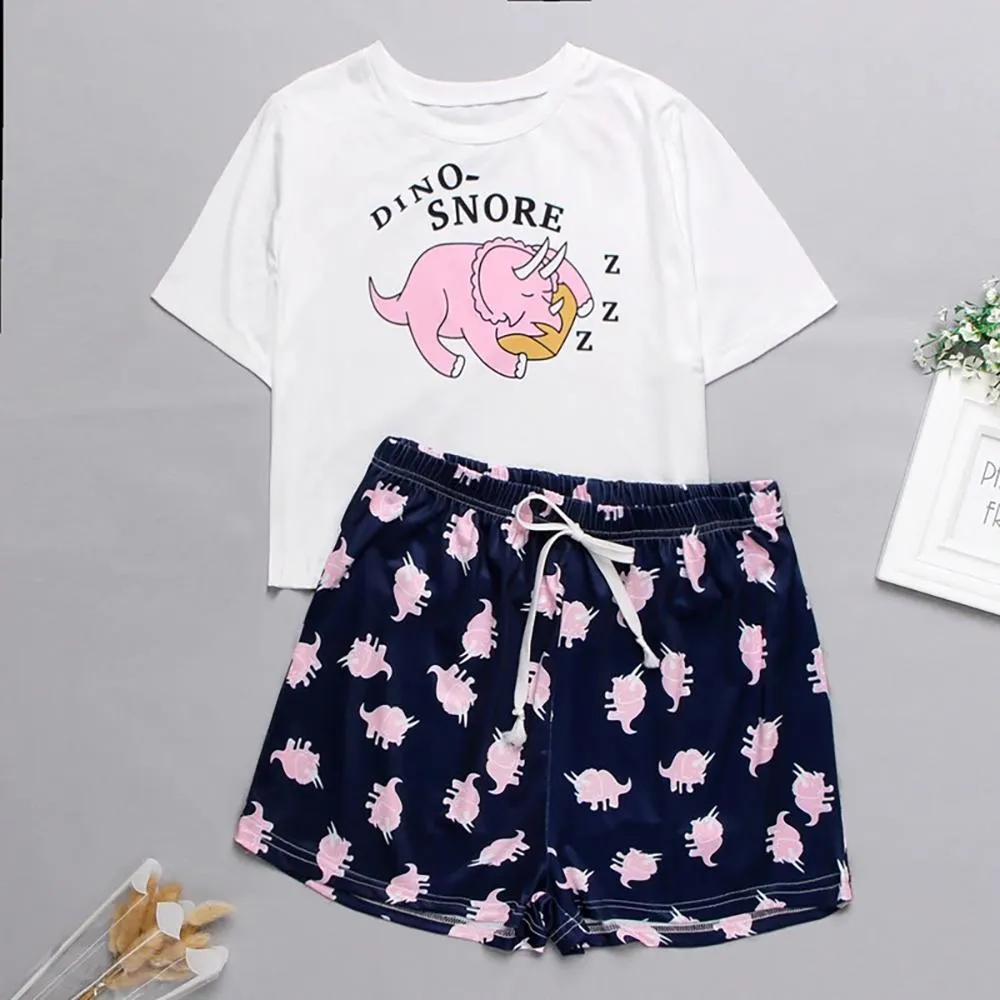 Cute Cartoon Print Tee and Shorts Pajama Set