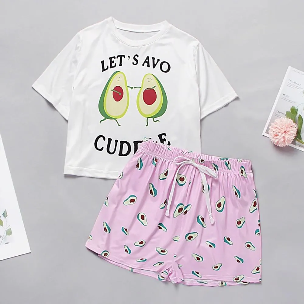 Cute Cartoon Print Tee and Shorts Pajama Set