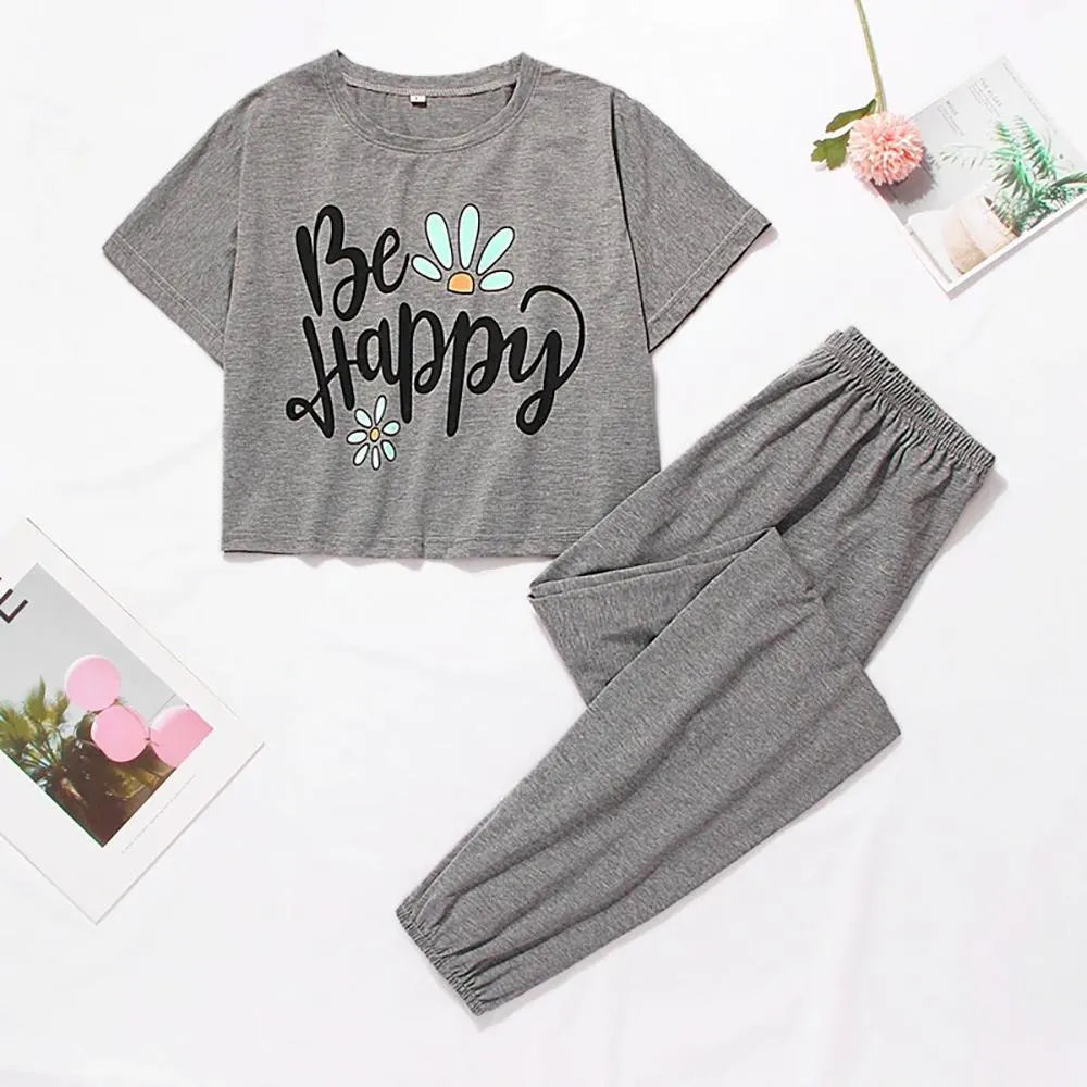 Cute Cartoon Print Tee and Shorts Pajama Set