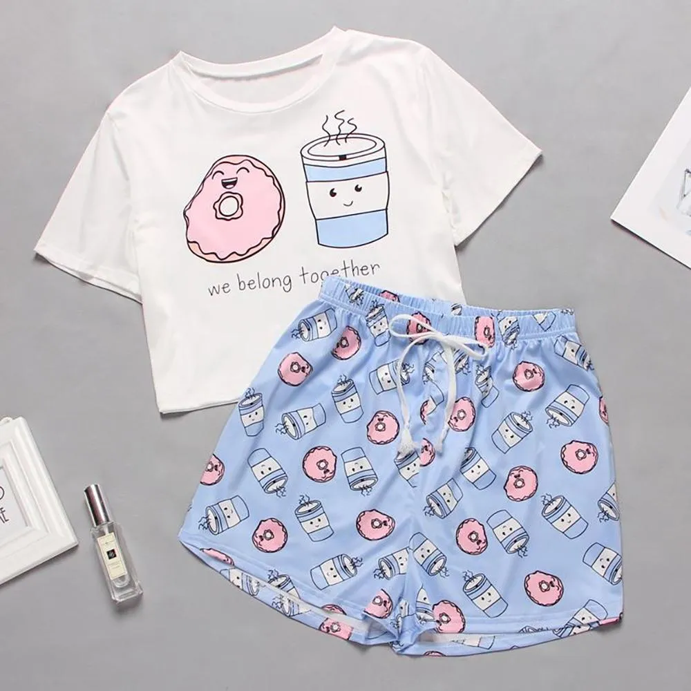 Cute Cartoon Print Tee and Shorts Pajama Set