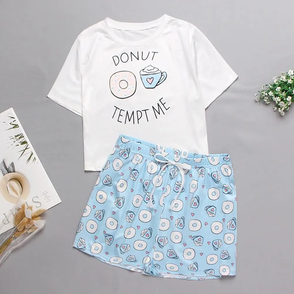 Cute Cartoon Print Tee and Shorts Pajama Set