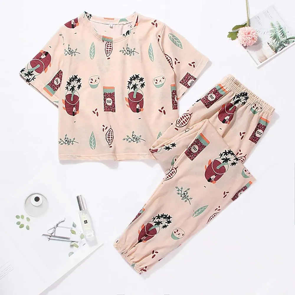 Cute Cartoon Print Tee and Shorts Pajama Set