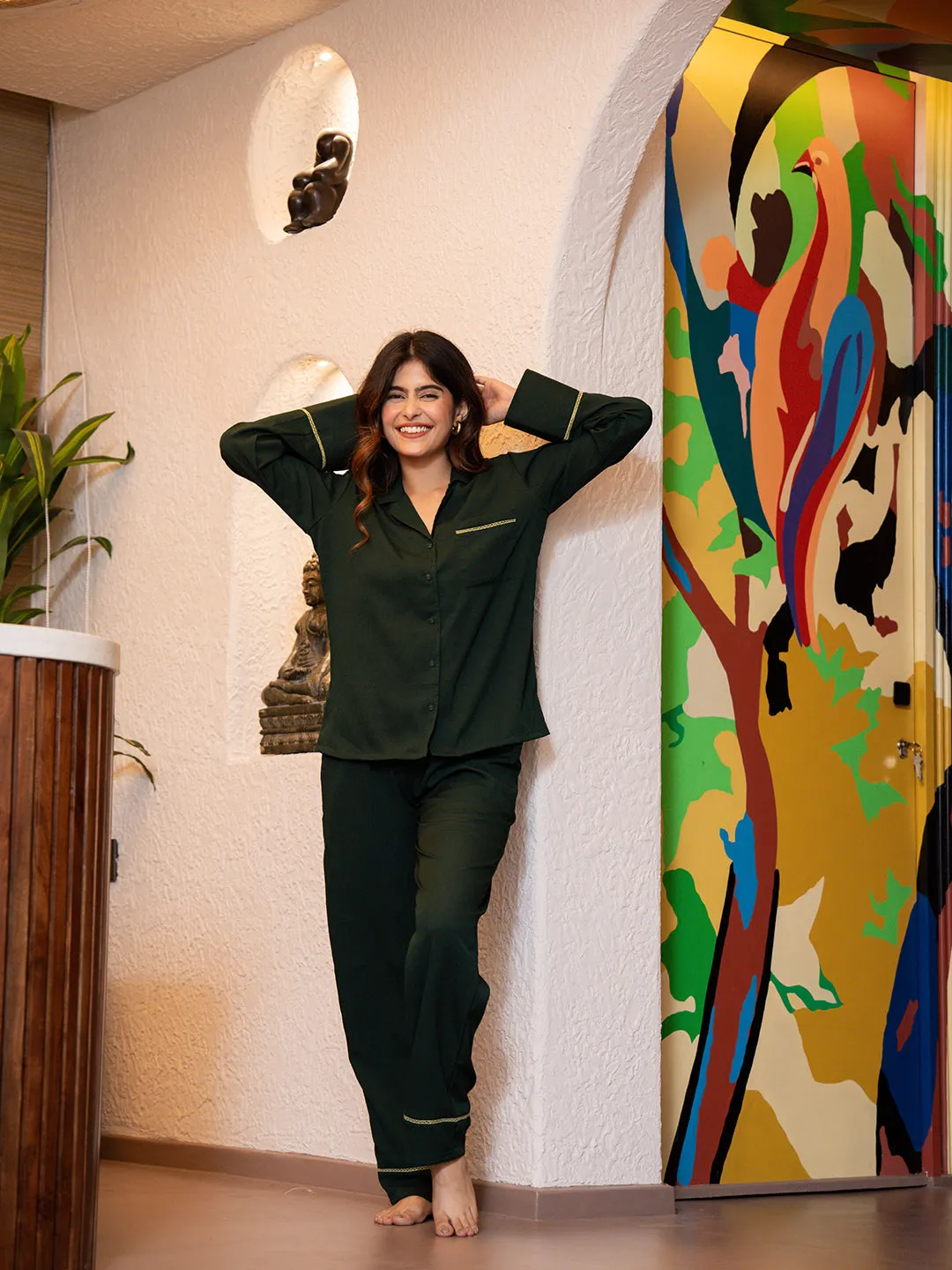 Dark Green Soft Crepe Night Suit