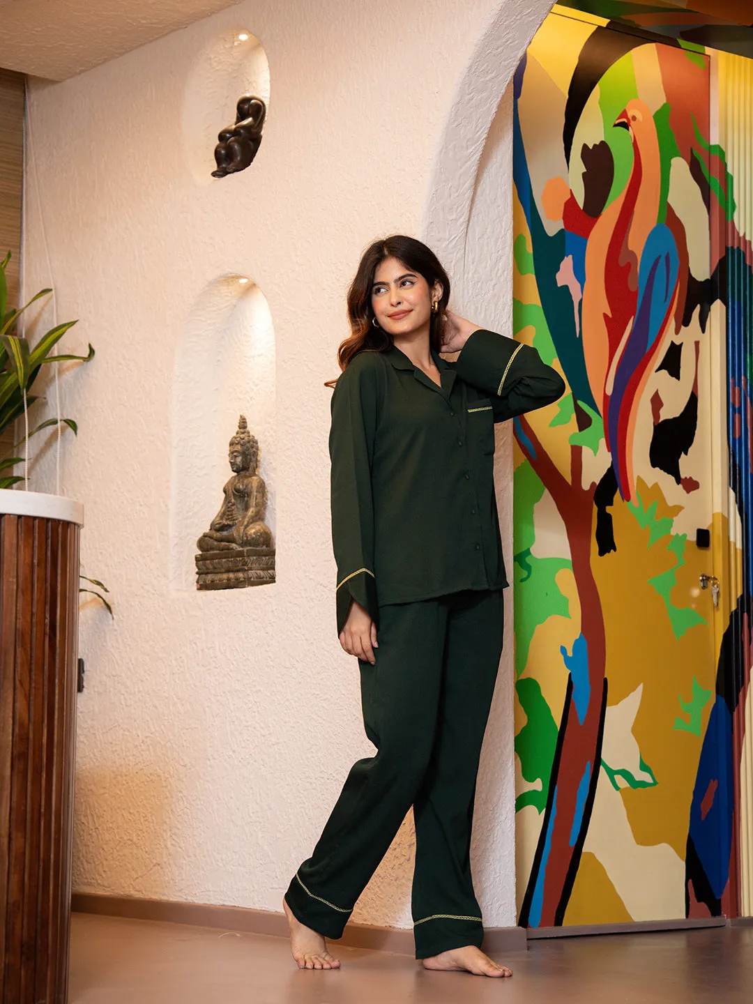 Dark Green Soft Crepe Night Suit