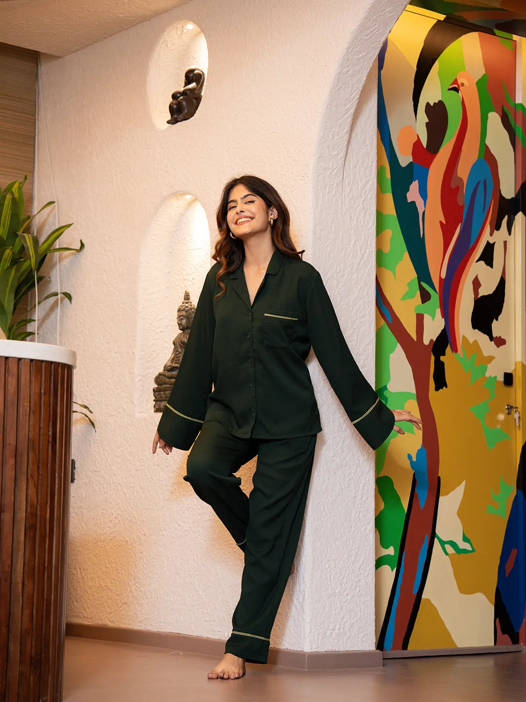 Dark Green Soft Crepe Night Suit