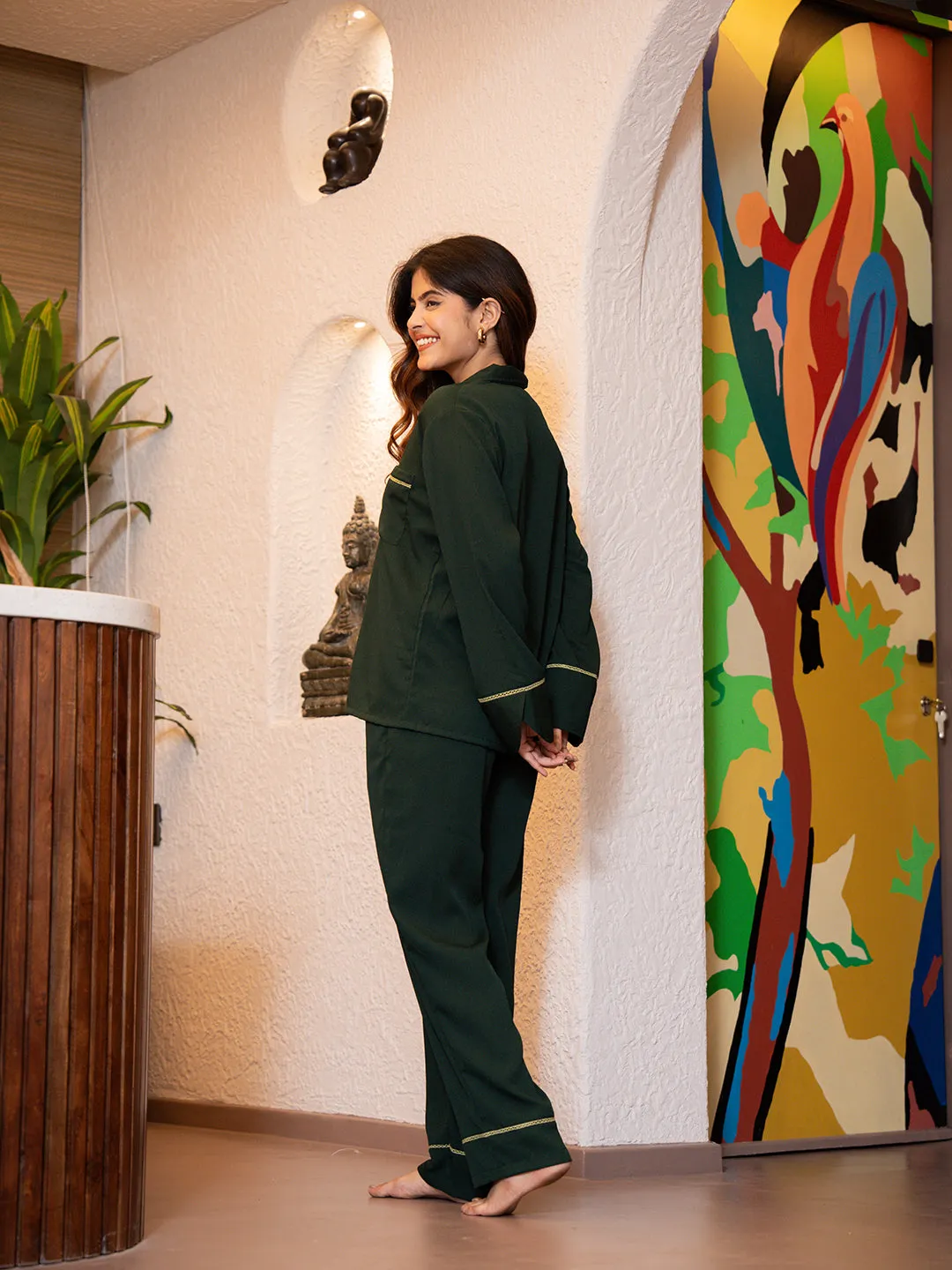 Dark Green Soft Crepe Night Suit