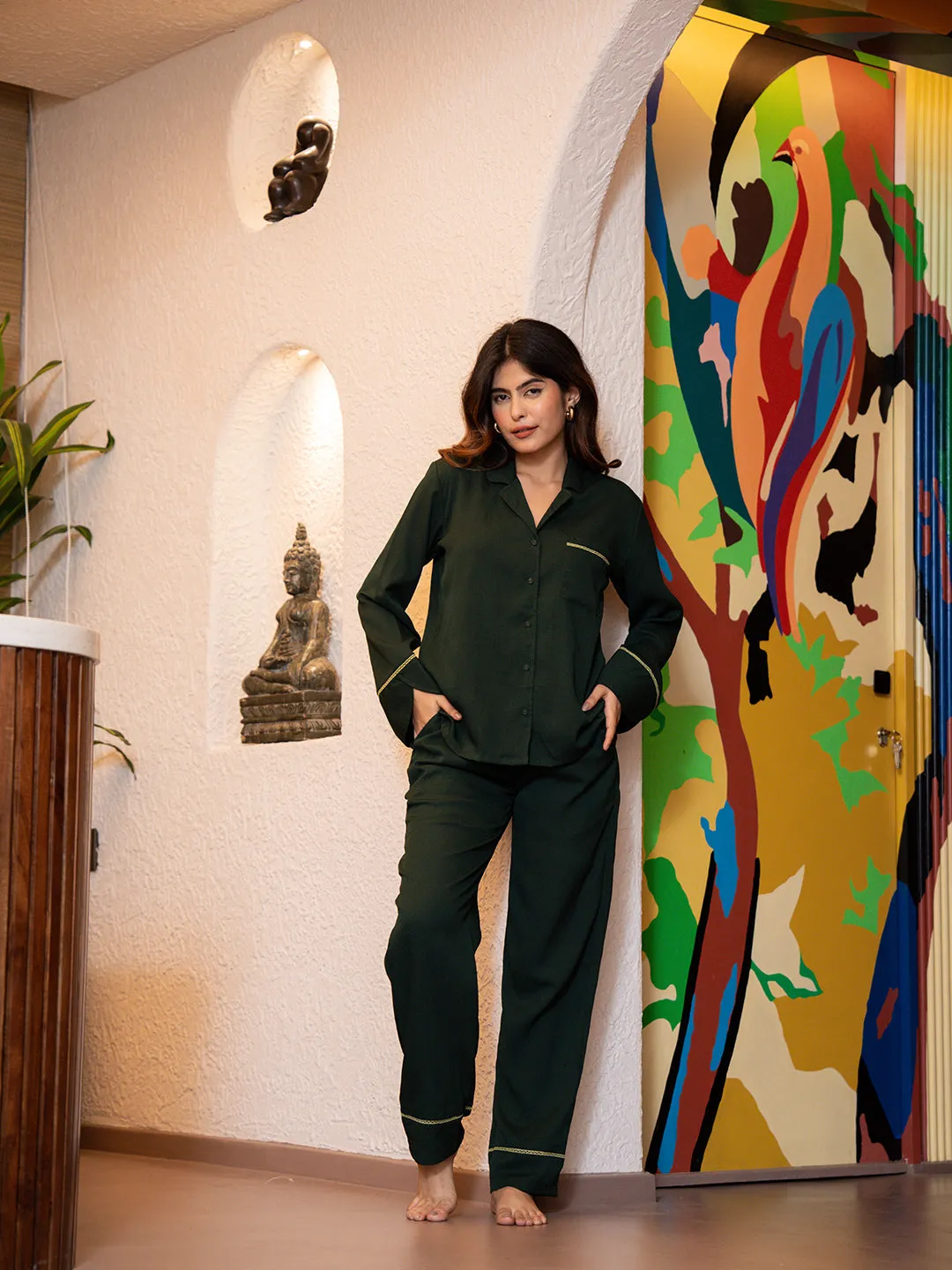 Dark Green Soft Crepe Night Suit