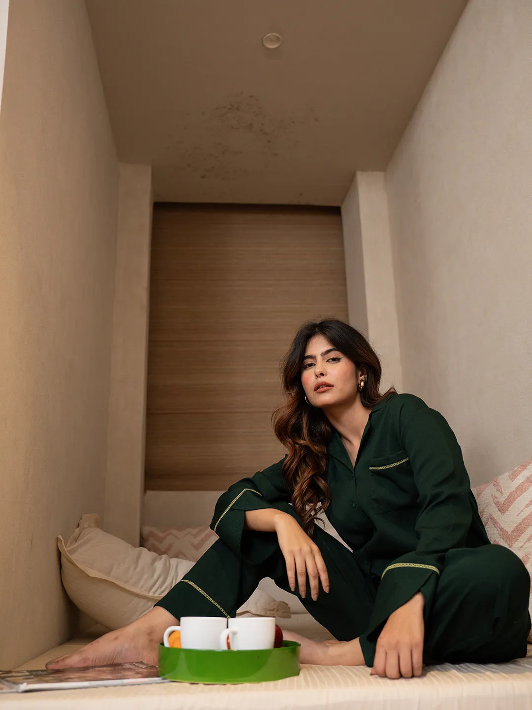 Dark Green Soft Crepe Night Suit