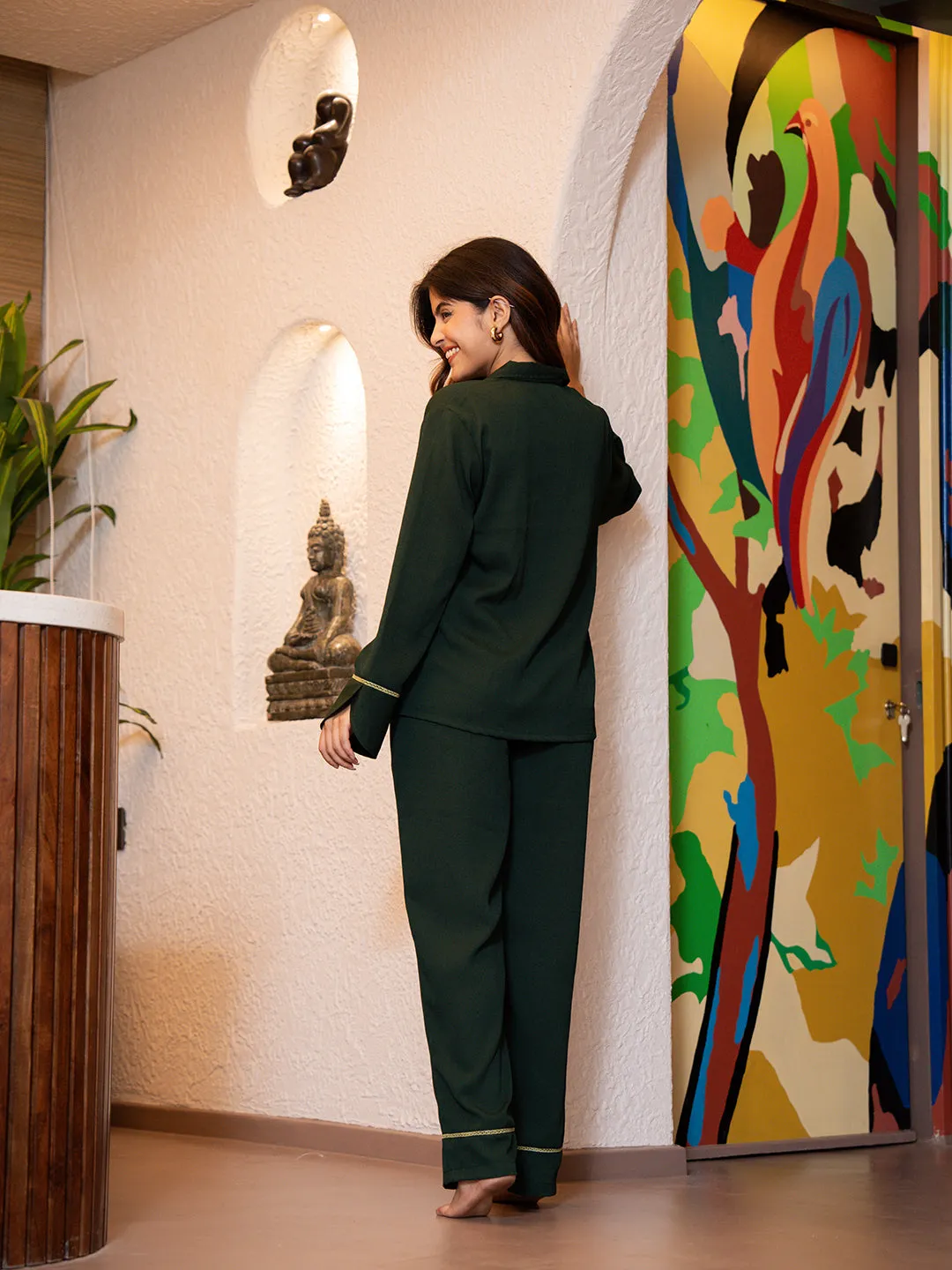 Dark Green Soft Crepe Night Suit