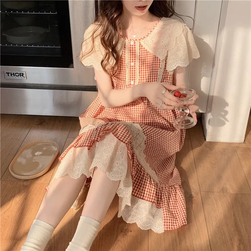 deanwangkt Plaid Retro Elegant Casual NightDress Soft Ruffles Sweet Simple Summer O-Neck Princess Long Sleepwear Cotton Lace Short sleeve