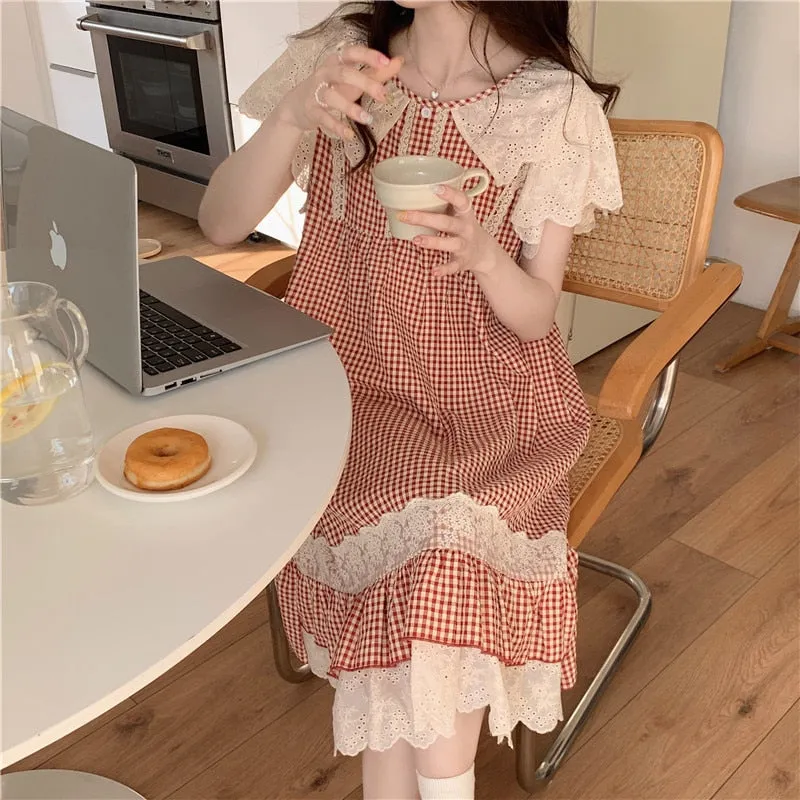 deanwangkt Plaid Retro Elegant Casual NightDress Soft Ruffles Sweet Simple Summer O-Neck Princess Long Sleepwear Cotton Lace Short sleeve