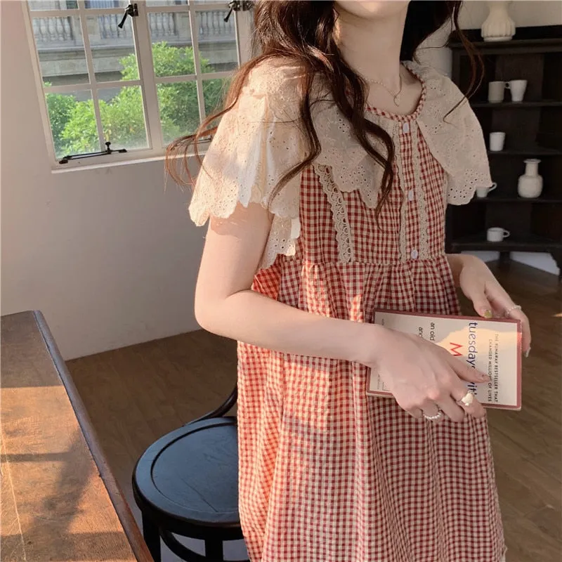 deanwangkt Plaid Retro Elegant Casual NightDress Soft Ruffles Sweet Simple Summer O-Neck Princess Long Sleepwear Cotton Lace Short sleeve