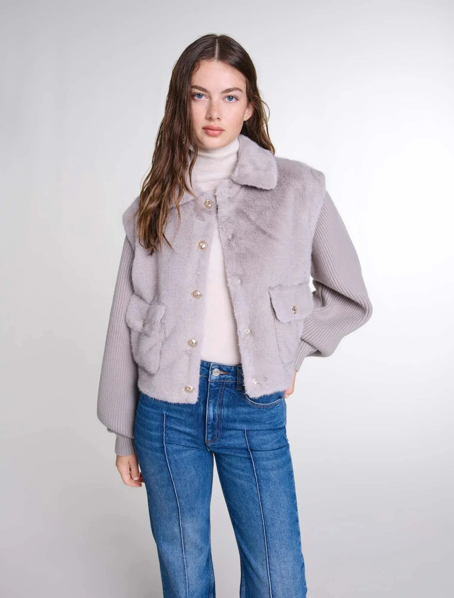 Dual-material faux fur jacket