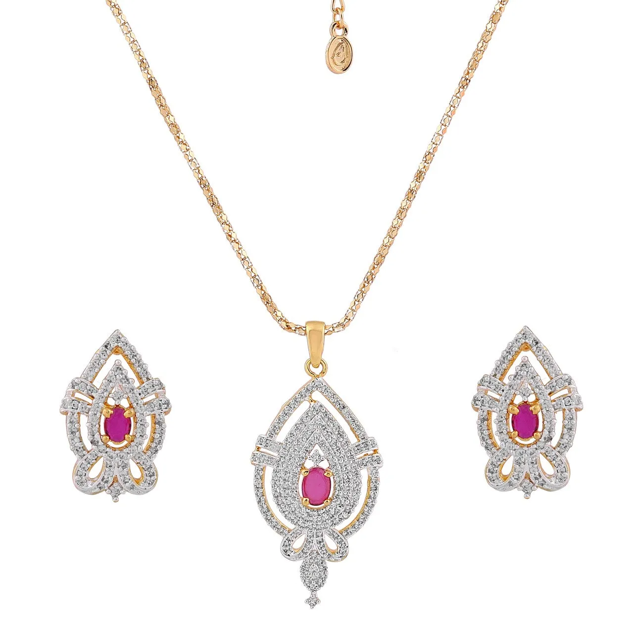 Estele 24 Kt Gold Plated American Diamond Flower and Leaf Pendant Set with Ruby Stones for Women / Girls