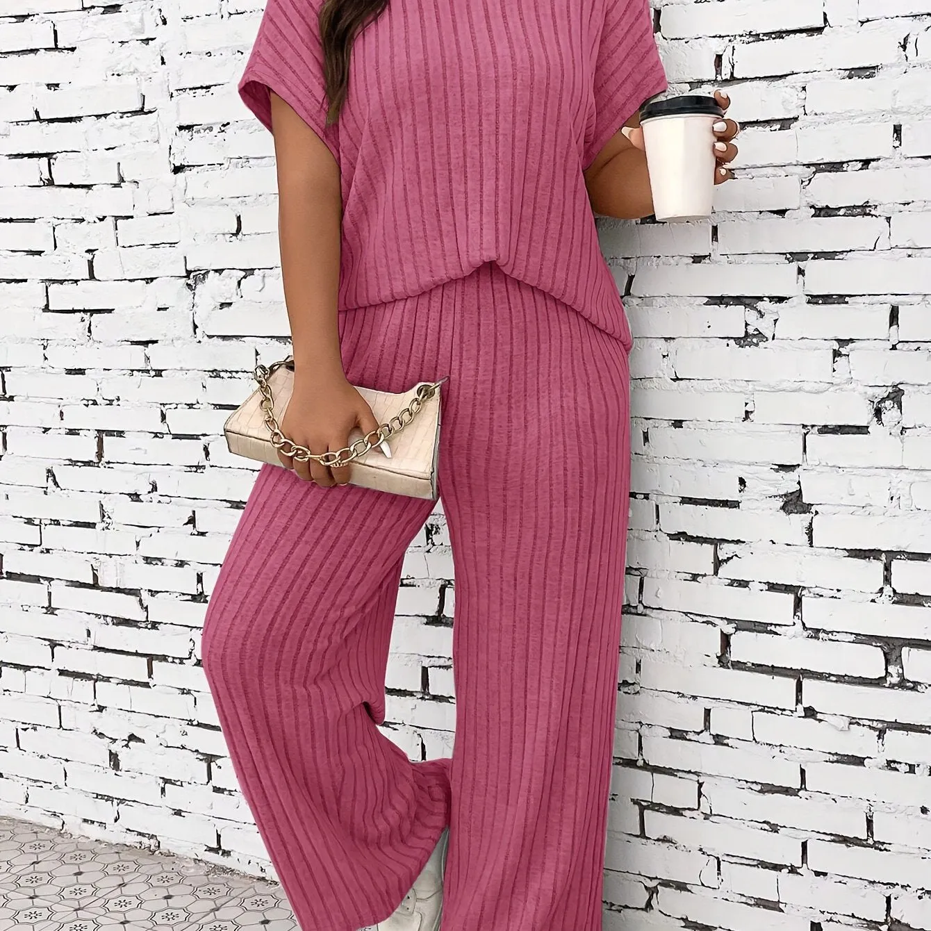 Everyday Comfort Plus Size Solid Ribbed Knit Loungewear Set for Women