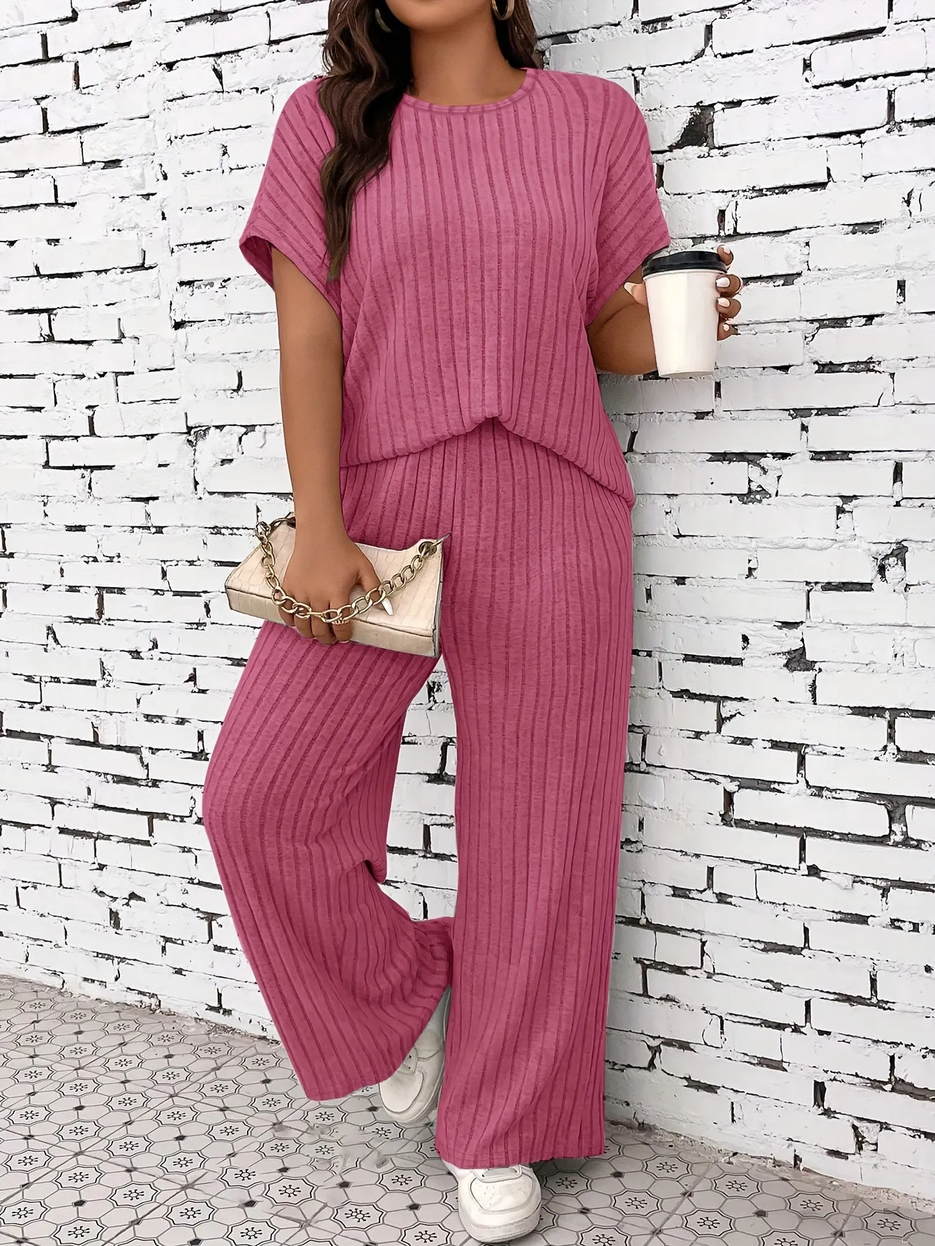 Everyday Comfort Plus Size Solid Ribbed Knit Loungewear Set for Women