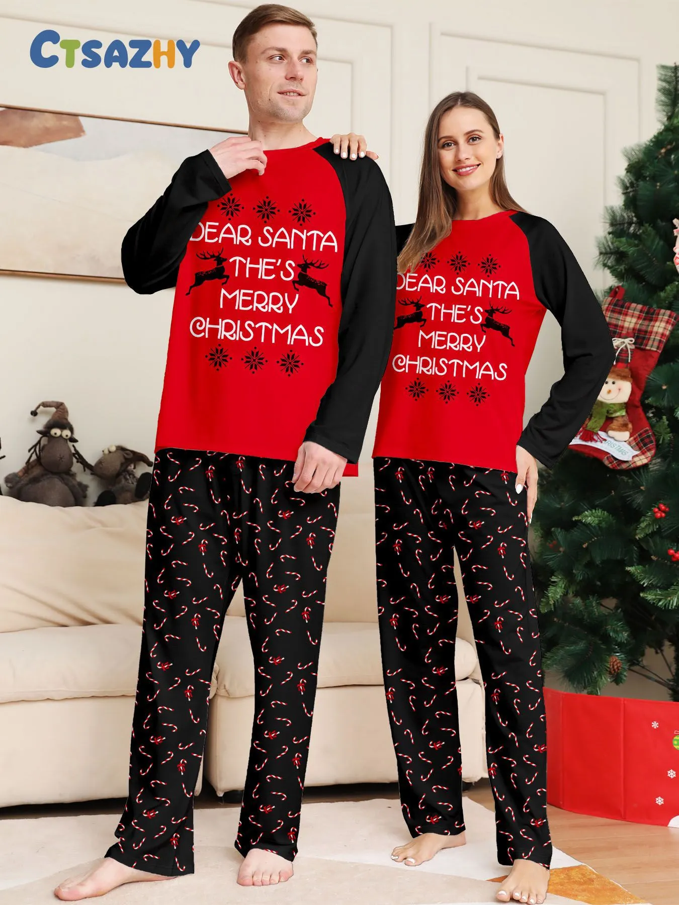 Family Pajama Set with Christmas Cane Fawn Monogrammed