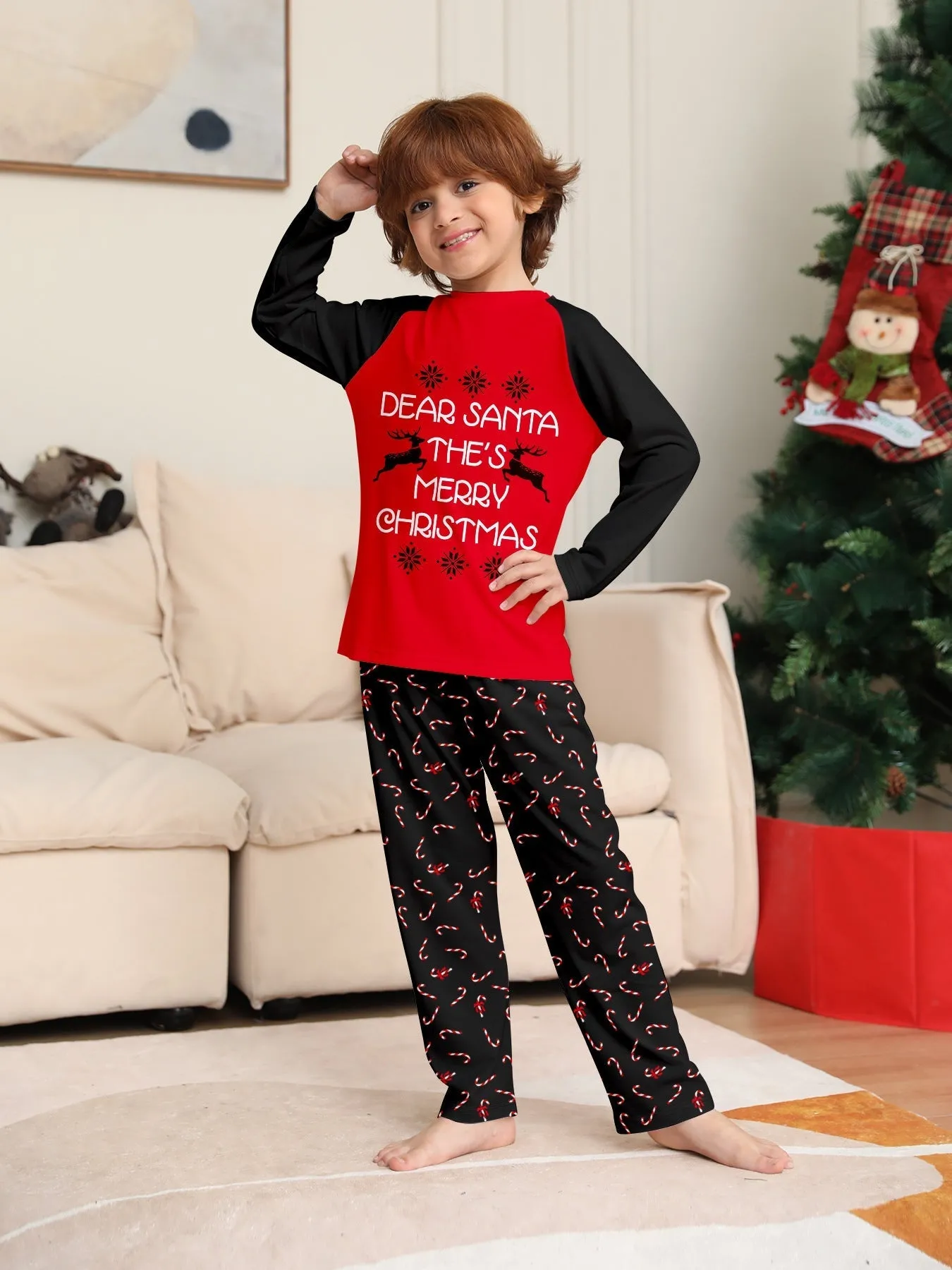 Family Pajama Set with Christmas Cane Fawn Monogrammed