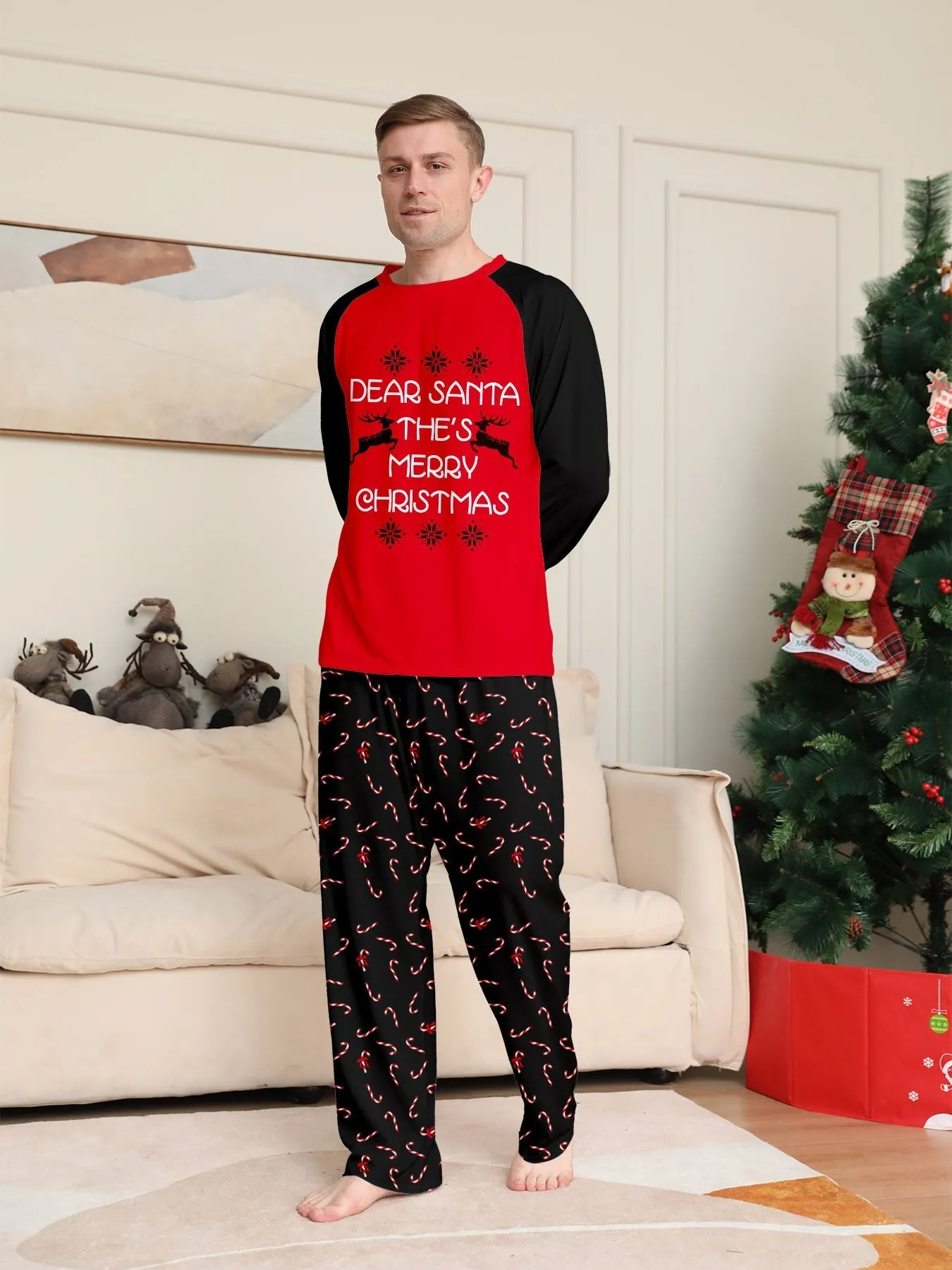 Family Pajama Set with Christmas Cane Fawn Monogrammed