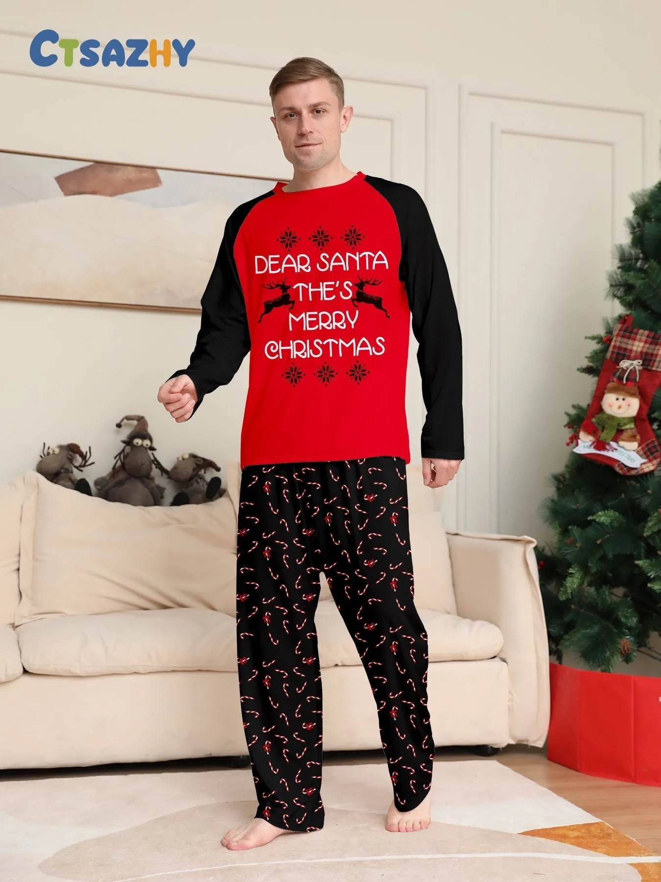 Family Pajama Set with Christmas Cane Fawn Monogrammed