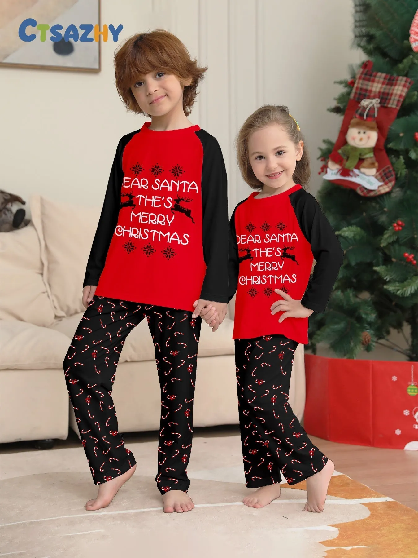 Family Pajama Set with Christmas Cane Fawn Monogrammed