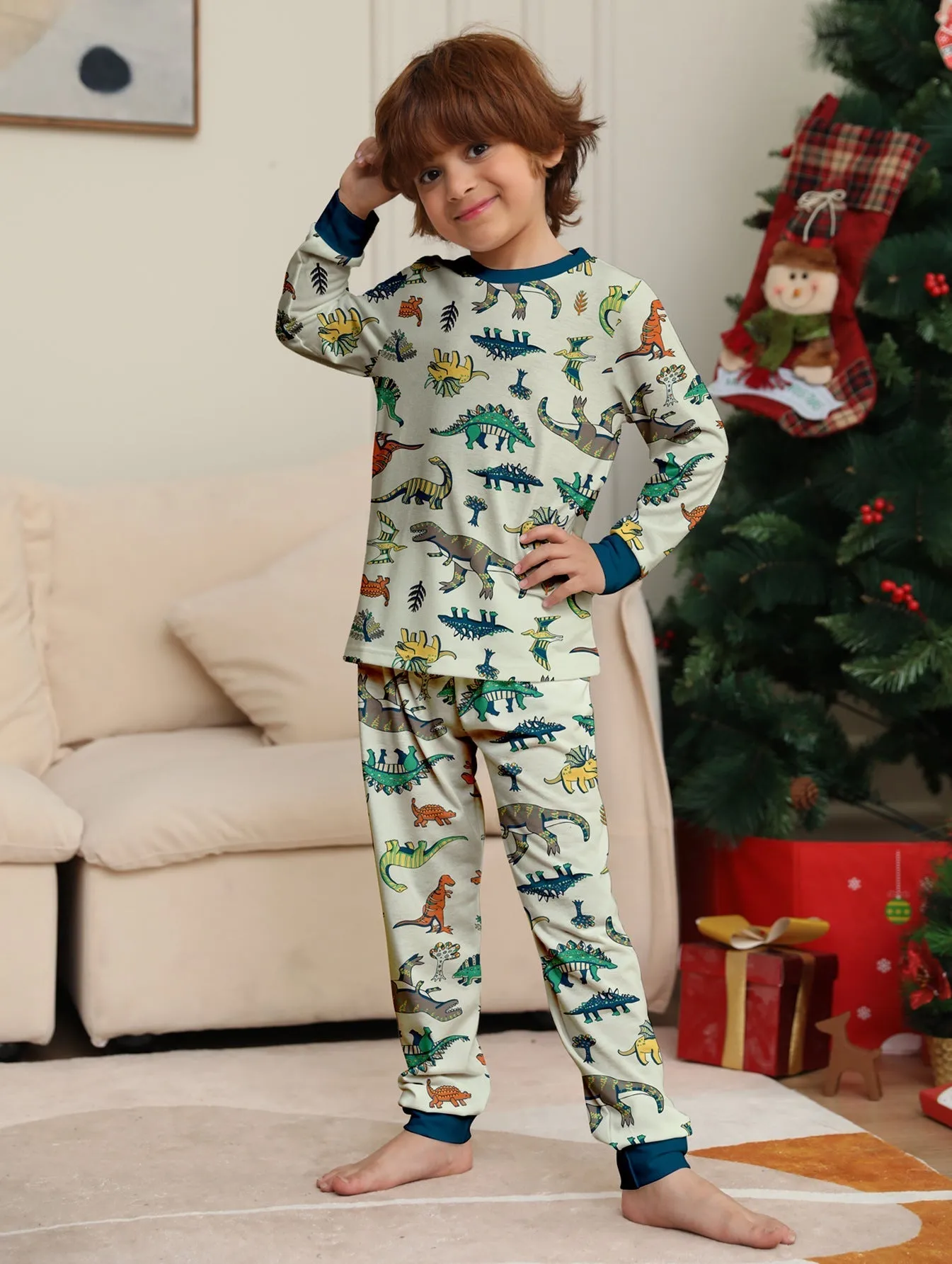 Family Parent-Child Dinosaur Printed Loungewear Pajama Set