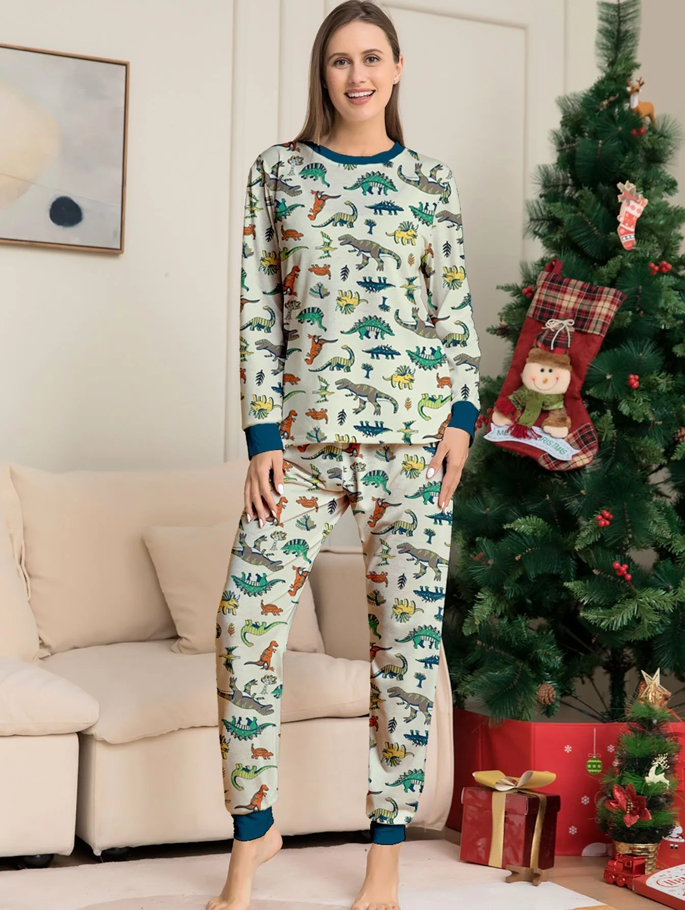 Family Parent-Child Dinosaur Printed Loungewear Pajama Set